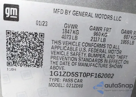 2023 Chevrolet Malibu Fwd 1Lt z USA, uszkodzony, nr VIN 1G1ZD5ST0PF162002